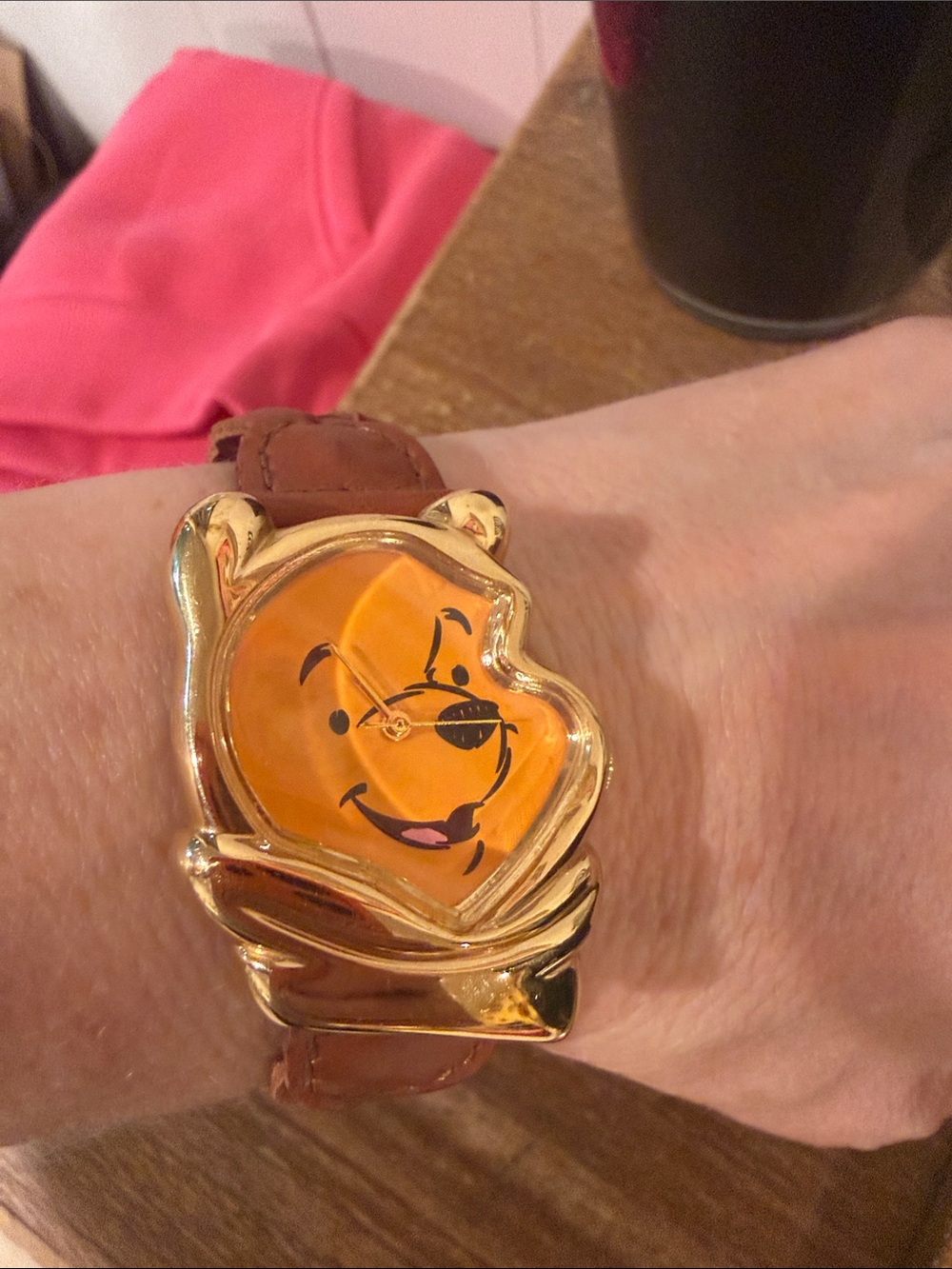 Timex Gold-Tone Winnie the Pooh Watch with Orange Dial and Brown Strap